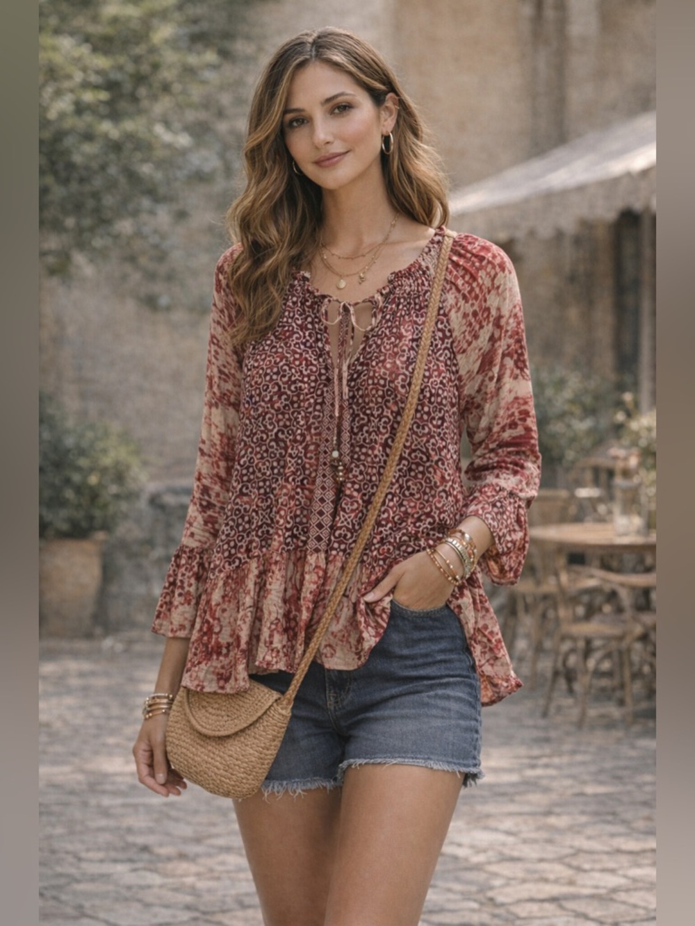 LEE Women’s Boho Peasant Style Top w/Scoop Neck Tie & Ruffled Hem Sz Large